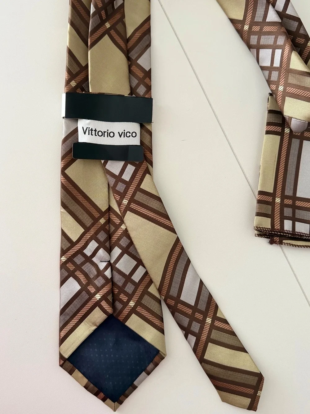 Vittorio Vico Italian Designer Silk Tie Brown Beige Geometric Plaid Made Italy